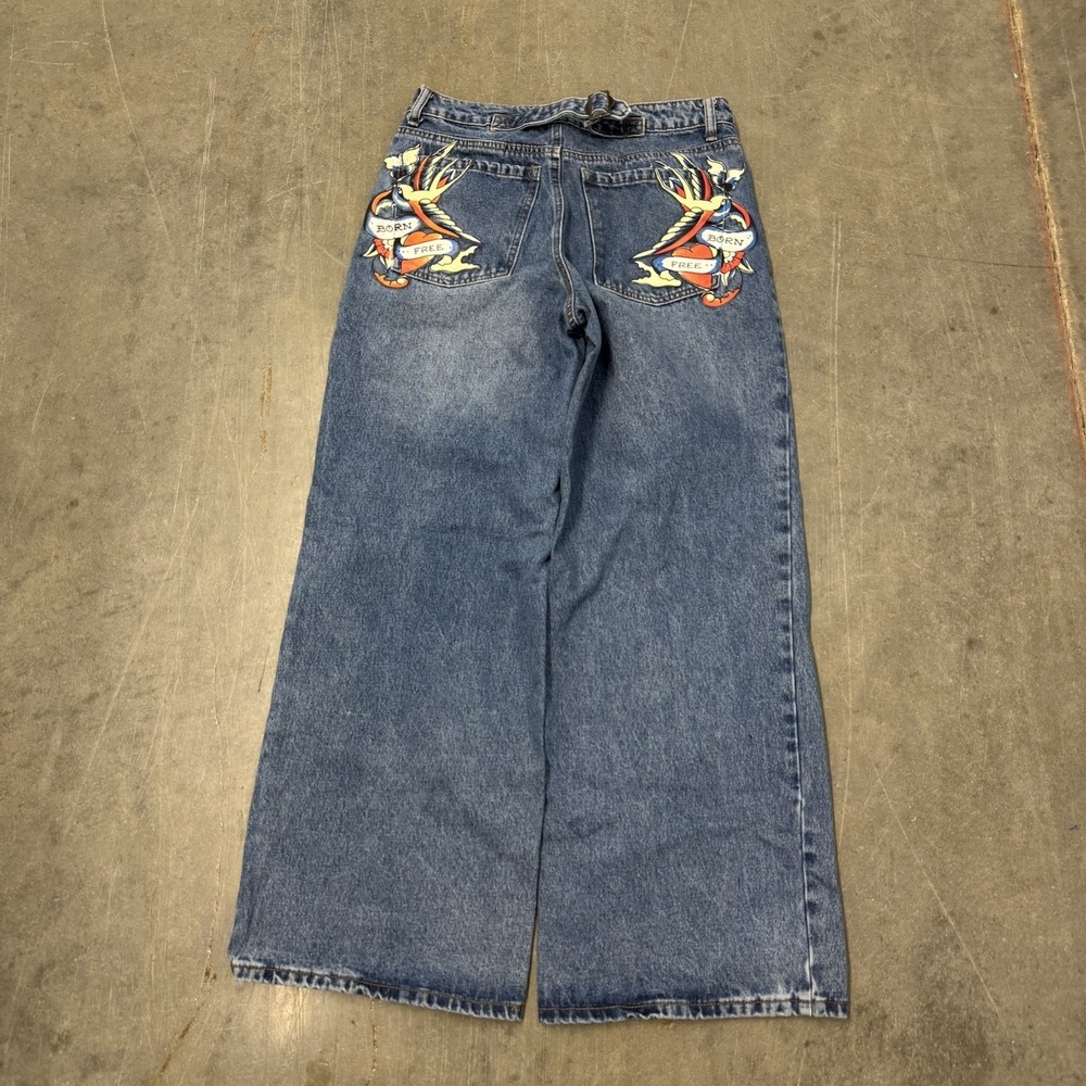 Y2K Ed Hardy  Loose Fit Wide Leg Flared Born Free Baggy Jeans 30x30 Buckle Back